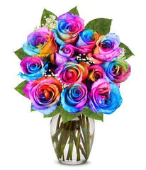 Flowers - One Dozen Wild Rainbow Roses (Free Vase Included)