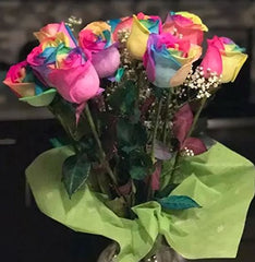 Flowers - One Dozen Wild Rainbow Roses (Free Vase Included)