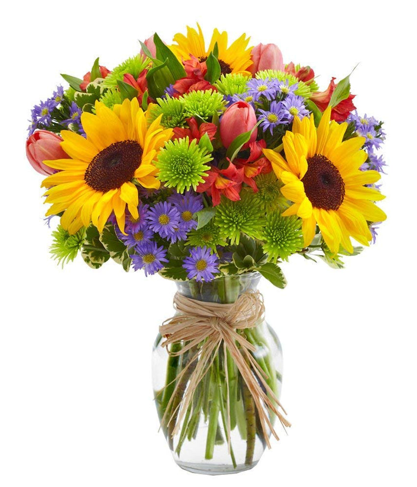 From You Flowers - European Floral Garden - Sunflowers, Pink Tulips, Green Poms (Free Glass Vase Included) Measures 12"H by 10"L