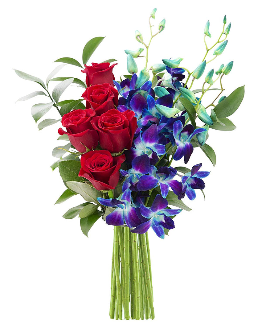 KaBloom Sapphire Red Bouquet of Fresh Red Roses and Exotic Blue Orchids