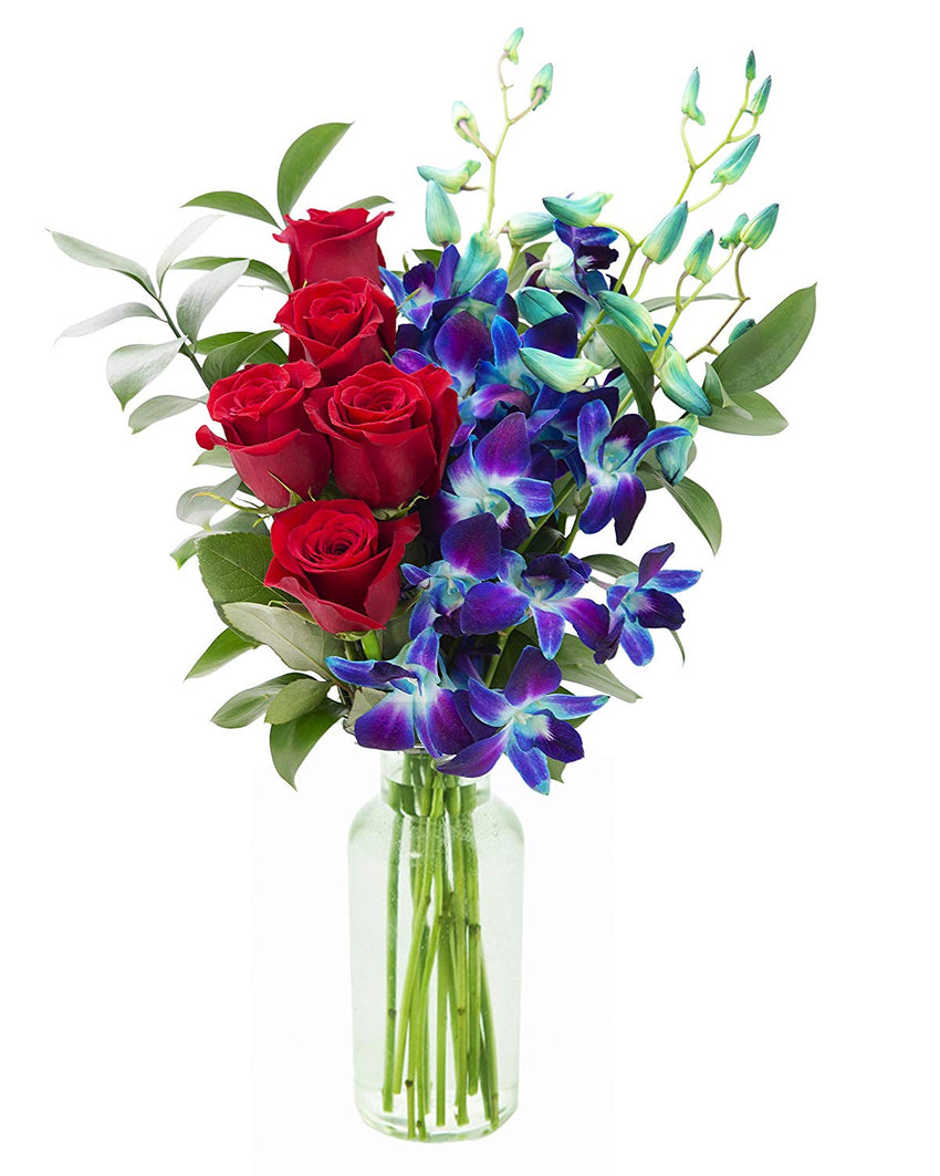 KaBloom Sapphire Red Bouquet of Fresh Red Roses and Exotic Blue Orchids with Vase