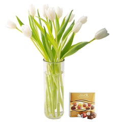 KaBloom Bouquet of Fresh White Tulips with Vase and One Box of Lindt Chocolates (Farm-Fresh, Cut-to-Order and Homegrown in the USA)