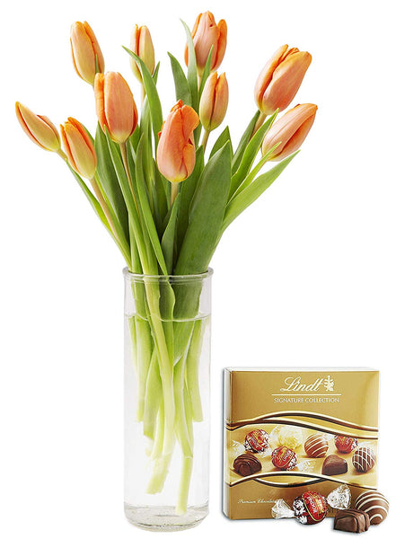 KaBloom Bouquet of Fresh Orange Tulips with Vase and One Box of Lindt Chocolates (Farm-Fresh, Cut-to-Order and Homegrown in the USA)