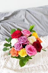 Flowers - One Dozen Rainbow Roses with Godiva & Bear (Free Vase Included)